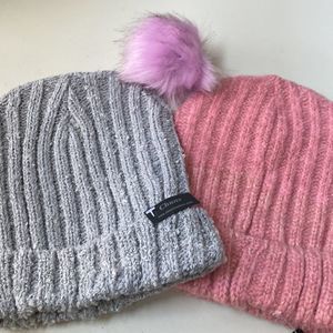 Pink and grey knit caps with pompom unattached 3pk